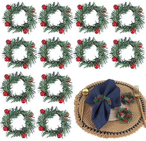 12 stycken röda bär julservetthållare, jul rustika servettringar, jul servetthållare röda bär, rött bär servettring, för bröllopsfest bordsdekoration (6 x 6 cm)