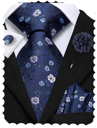 Hi-Tie Navy Ties for Men Silk Foral Mens Ties Set Designer Necktie Pocket Square Cufflinks Flower Lapel Pin for Wedding