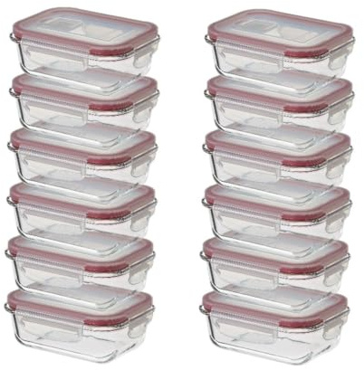 CASASELECCION 12 Tuppers de Cristal Hermético con Tapa y válvula de ventilación de 370 ml para Comida, Recipiente de Vidrio, Uso Apto en Horno/Microondas/Lavavajillas/Congelador, Sin BPA