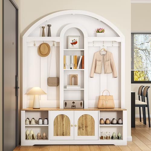 SUKY Armadio multifunzionale, ingresso con scarpiera, ripiani e ganci. Armadio guardaroba dal design moderno e pratico spazio, 150 x 40 x 195 cm (bianco)