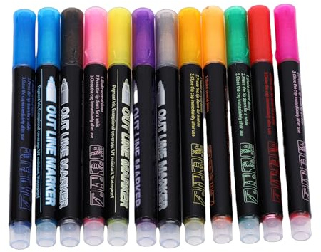 ZASCHMOY Ensemble de Marqueurs de Contour Métallique Chatoyants à Double Ligne, Double Art pour Griffonnage, Calligraphie, Peinture, Artisanat, 12 Couleurs Vives, Pointe en Fibre