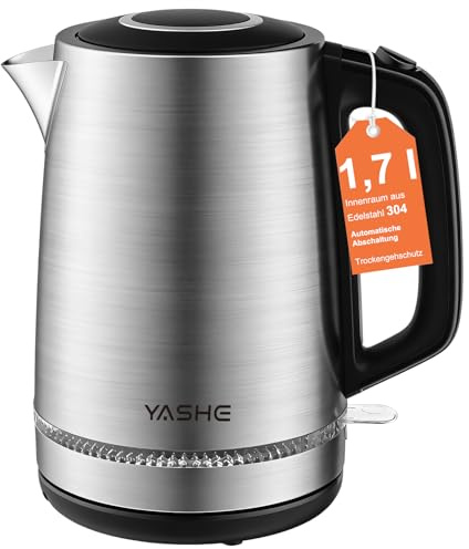 YASHE Bollitore Elettrico in Acciaio 1,7L, 2200W Bollitore Acqua Rapido con Filtro Anticalcare, Bollitore Senza Filo con Spegnimento Automatico e Protezione a Secco, Argento