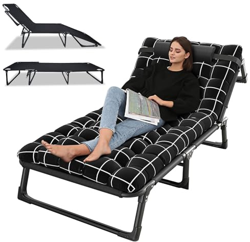 Fogcroll Lit de Camp Pliable pour Adultes, Lit de Camping 1 Personne, en Acier, Lit Pliant à 4 Positions avec Matelas, Oreiller, Charge 200 KG, Lit Pliable pour Bureau, Jardin, Voyage, Extérieur