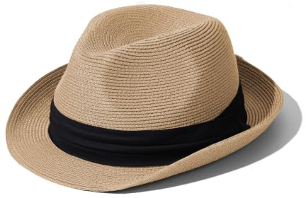 Hat Hut Ultra-Light Straw Fedora Sun Hat, Short Brim Beach Hat, Summer Panama Fedora for Men Women, UPF 50+