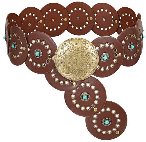 XZQTIVE Wide Disc Belt for Women Boho Concho Leather Belts Vintage Western Waist Belt for Dresses Pants