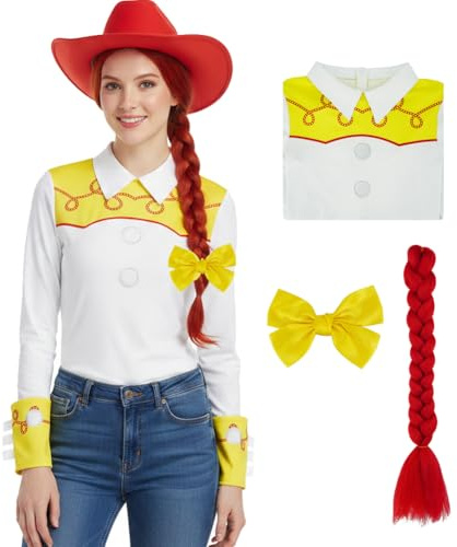 AYYOHON Jessie Costume Women Cowgirl T-shirt for Adult with Wig Braid Bowknot Halloween Cosplay Long Sleeves Top Outfits
