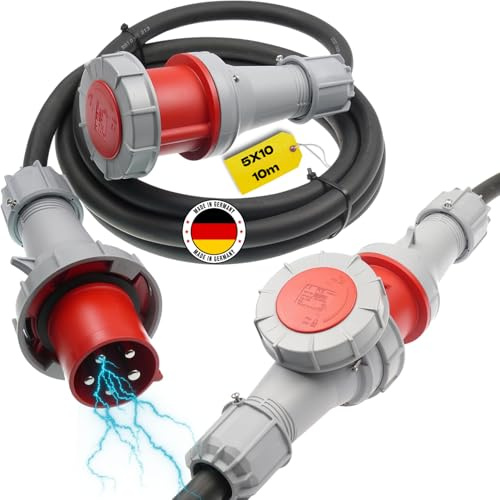 maxgo CEE-Verlängerungskabel Starkstromleitung Stromkabel flexibel wasserdicht H07RN-F 5G10 5x10 63A PCE 5P ideale für Industrie und Baustellen Außenbereich IP67 10m