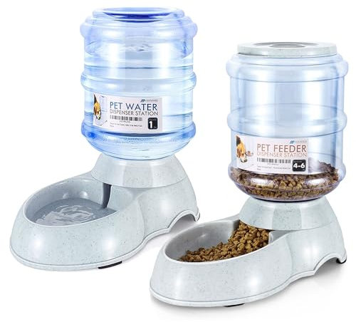 Flexzion Gravity Pet Food Water Feeder Dispenser Bundle Set (Small) for Dogs Cats Automatic Replenish Waterer Dry Food Storage Container Bowl, Small Medium Dog Cat Feeding Watering Fountain Supplies