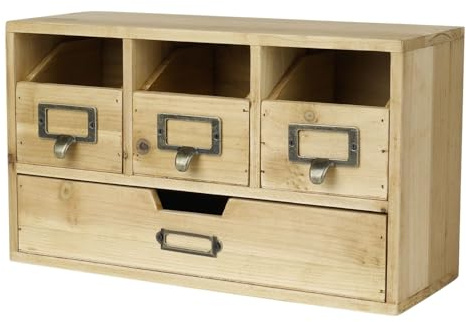 Flexzion Apothecary Cabinet with 4 Drawers - Vintage Natural Wood Desktop Organizer for Home & Office Supplies - Tabletop Wooden Storage for Catalog, Card, Jewelry, Makeup, Craft & Tools