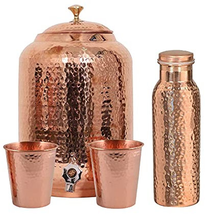 Ayurveda-Gesundheitsheilung: Handhammerter Kupfer-Trinkgeschirr-Wasserspender, 8 l Fassungsvermögen, 2 Gläser und 1 Kupferflasche