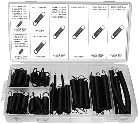 Zugfedern Sortiment Spiral-Federn Stahlfeder Metall-Federn Schwingfeder Spannfeder Federstahl mit Doppelhaken und schwarzem Finish div. Stärke, 54-tlg.