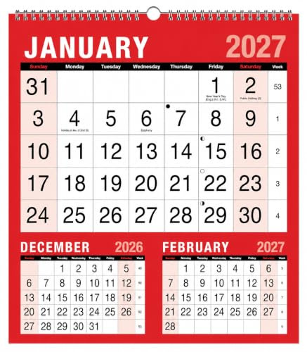 2027 Calendar Three Months to View Spiral Bound Wall Planner Red and Black Calendar Home Business School 1 January 2027 to 31 December 2027