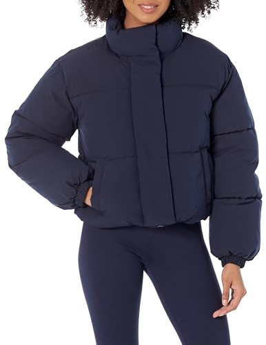 Amazon Essentials Women's Cropped Full-Zip Puffer Jacket (Quilted Matte or Sherpa Fleece), Navy, L