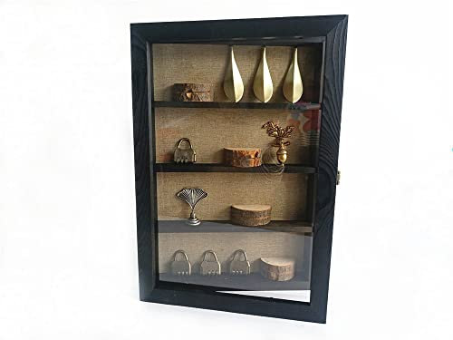 WANLIAN Shadow Box Frame with Acrylic 11x16INCH Wooden Shadow Box Display Case with 3 Detachable Shelves & Linen Back, Wall-Mounted Deep Display Box Picture Frame for Photos Memorabilia (Black)