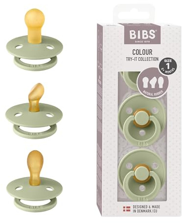BIBS Colour Try-It Kollektion: 3 Schnuller für die einzigartigen Bedürfnisse Ihres Babys, Kirschform, Symmetrische und Kiefergerechte Sauger. Naturkautschuk/Latex, 0+ Monate (3er Pack), Sage