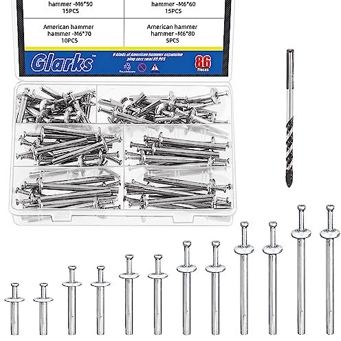 Glarks 86Pcs Hammer Drive Nail Set, 6 Sizes Anchor Drive Expansion Nail Mushroom Steel Hammer Drive Nails in Anchor, Concrete Anchors with Concrete Drill Bit for Concrete Walls, Brick