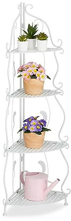 Relaxdays Scaffale Angolare Portafiori in Acciaio, 4 Ripiani Pieghevoli, Portavasi Piante e Fiori, 113x30x30 cm, Bianco