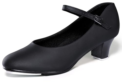 Linodes PU Leather Ankle Strap Character Tap Shoe 1.55'' Dance Shoes for Women-Black-6M-UPD