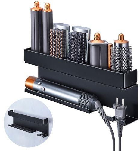 YYBO Hair Dryer Holder Wall Mount for Curling Irons Styler Attachments, Adhesive Hair Dryer And Straightener Holder, Hairdryer Holder Wall Mounted, Hair Tool Organiser Stand for Bathroom (Black)