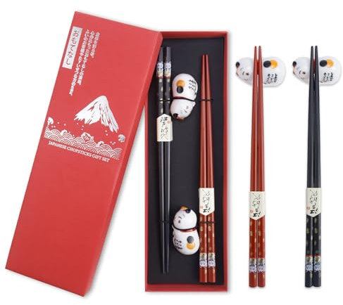 FSWWSF Set di 2 bacchette per sushi, in legno, con base in ceramica, in confezione regalo, sostenibile, giapponese, cinese, coreano, taiwanese