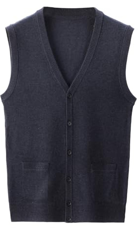 Bauzuoyo Gilet en tricot pour homme en laine mélangée avec boutons, col en V, couleur unie, sans manches, cardigan poches, débardeur en polaire, débardeur chaud pour l'automne et l'hiver, gris foncé