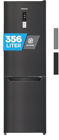 Heinrich´s Kühlgefrierkombination mit 356L Mega Gesamtvolumen, 260L Kühlvolumen 96L Gefriervolumen,LED Beleuchtung,Türanschlag wechselbar,leise 37dB, Kühlschrank mit großen Tiefkühlboxen(schwarz-inox)