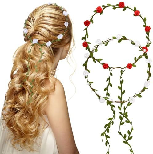 CRASPIRE Corona di Fiori Ghirlanda Floreale 2 Colori Rosso Bianco Fascia per Capelli Copricapo Boho Corona di Fiori di Rosa Copricapo Viaggio Festa Matrimonio Festival per Sposa Donne Copricapo