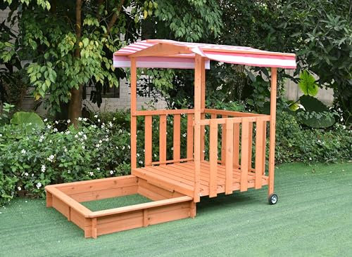 Mucola Sandkasten rollbar Sandbox mit Abdeckung und Sonnenschutz aus Holz für Kinder, 182 x 100 x 140, mit Veranda und Geländer - Rot