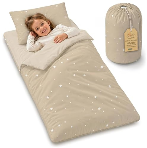 Sac de Couchage Enfant avec Coussin et Fermeture éclair pour bébé de 3 à 7 Ans - 75x140 cm Sac de Couchage intérieur pour garderie Maternelle Oeko-Tex 75 x 140 Beige avec étoiles Blanches