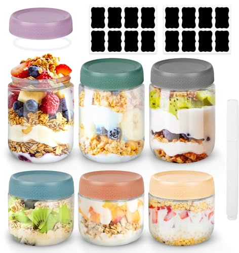 Juego de 6 Tarros de Cristal Herméticos, 3 botes 300ml + 3 botes 475ml, Botes Cristal con Tapa para Overnight Oats, Yogur, Ensaladas, Mermeladas y Almacenamiento,Frascos de Vidrio con Tapa de Roscas