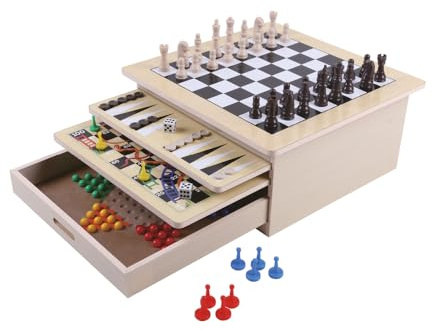 Scacchiera in Legno Multigioco da Tavolo 10 in 1 in Legno – Set Completo con Scacchi, Dama, Backgammon, Ludo, Tris, Gioco dell'Oca, Domino, Mikado, Carte e Dadi – Giochi Classici per Bambini, Adulti