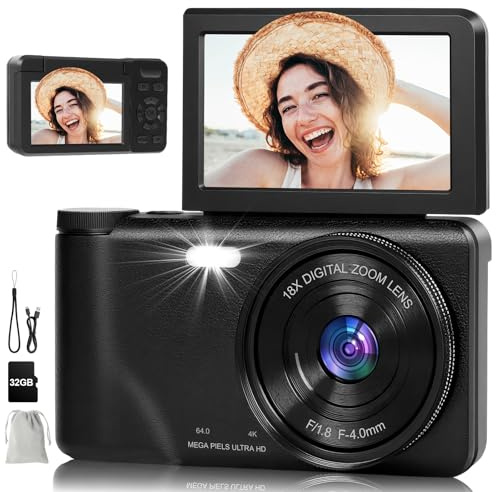 Digital Camera - 4K 64MP Compact Camera with 3 Inch 180° Flip Screen 32GB Memory Card 18X Digital Zoom Autofocus Vlogging Photo Cameras for Teenagers Beginners Adults