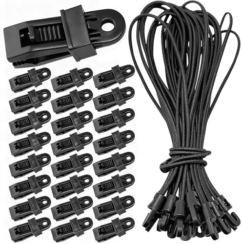 Yonality Set di 50 mollette per telone, 25 pezzi gomma per tendere con ganci e 25 tenda campeggio morsetto, fissaggi multifunzionali per amache, per amache, campeggio, picnic, escursionismo