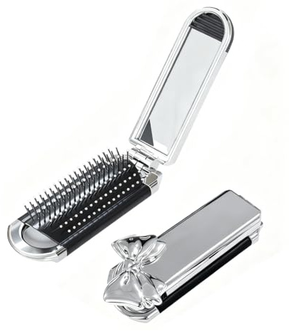 YUVKIN Pack di 1 Spazzola per Capelli Pieghevole, Pettine con Specchio, Mini Spazzola da Viaggio con Adesivo Fiocco Rimovibile, Pettine Portatile per Styling Capelli per Ragazze e Uomini (Argento)