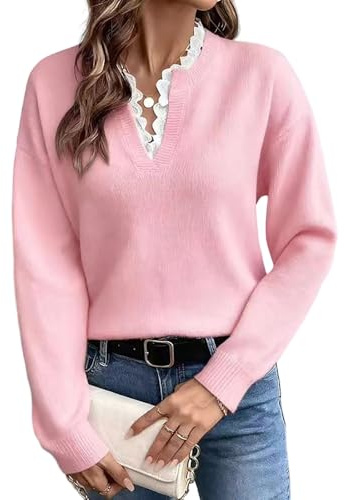Jumpers for Women Casual Long Sleeve Tops V Neck Knit Pullover Sweater Fashion Lace Trim Lightweight Tunic Shirt Elegant Soft Warm Tunics Cosy Blouse Fall Outfits Winter Clothes Outdoor