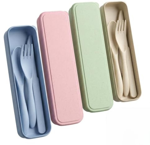 4 Set Posate da Viaggio, con Custodia, Porta Posate Pranzo Ufficio con Forchetta Cucchiaio e Coltello, Posate da Campeggio in Plastica Rigida Lavabili per Picnic e Scuola (4 Colori)