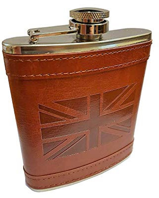 Stainless Steel Hip Flask with Union Jack Brown Leather Cover, British Collectable