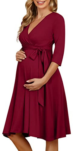 KOJOOIN Robe de maternité Robe de maternité pour Femmes Enceintes Robe d'allaitement Col en V à Manches Longues avec Ceinture,Bordeaux,M