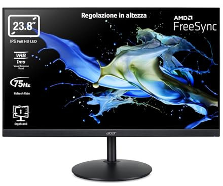 Acer CB242Y Monitor 23,8 Zoll (60 cm Bildschirm) Full HD, 75Hz HDMI/DP, 60Hz VGA, 1ms (VRB), HDMI 1.4, DP 1.2, VGA, höhenverstellbar, drehbar, HDMI/DP FreeSync,Schwarz