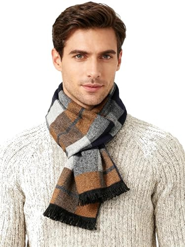 Leisofter Echarpe Homme Hiver Longue en Cachemire ressentir à Carreaux Chaude avec Franges Epaisse Doux 180 * 30cm, greyblueorange