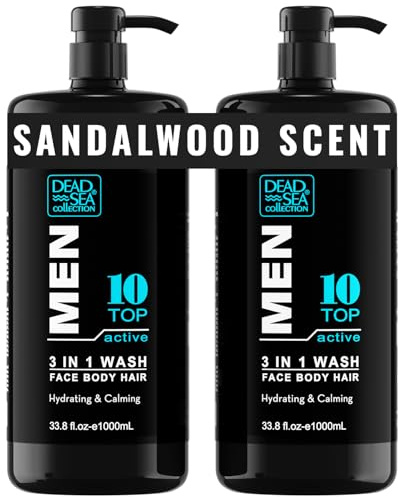 Dead Sea Collection Mens Shower Gel 3 in 1 Top 10 Active - Body Wash with Dead Sea Salt, Shampoo for Men, Face Wash - Pack of 2 (1000 ml. each)