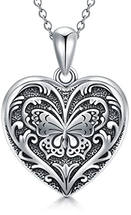 SOULMEET Heart Shaped Vintage Butterfly Locket Necklace That Holds 2 Pictures Photo Keep Someone Near to You Sterling Silver Custom Jewelry Personalized Locket Necklace (Locket only)