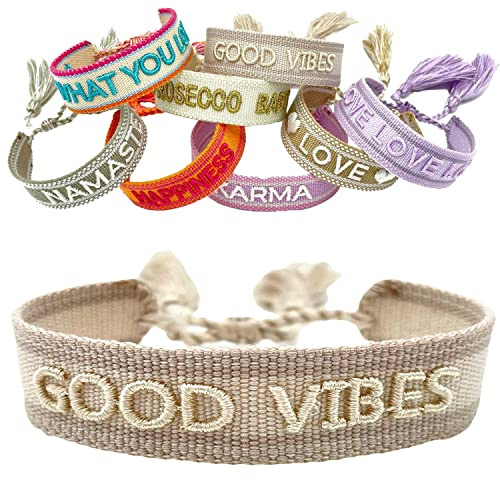 LS-LebenStil Exklusives Statement Armband - das Original - Good Vibes Beige Weiß 16-20cm Quasten besticktes Boho Canvas Webarmband Damen Freundschaftsarmband Geschenk gewebt textil Stoffarmband