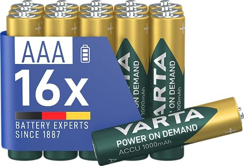 VARTA Pilas AAA, recargables, paquete de 16, Recharge Accu Power on Demand, batería recargable, 1000 mAh Ni-MH, sin efecto memoria, precargadas, listas para usar