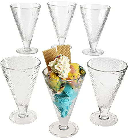 MamboCat 6er Set Copa Helado Eisbecher mit Fuß aus Glas I Klar I 340 ml I mit Waffel-Relief I konische Dessert-Schälchen, Eisgläser, Früchtebecher I für Vorspeisen, Cocktails, Eiscreme & Desserts