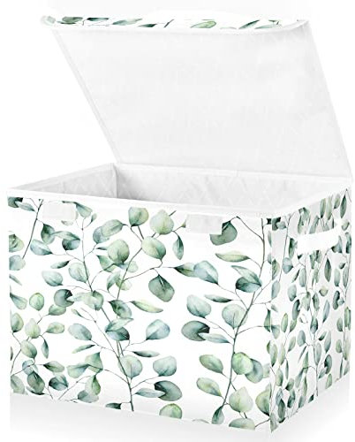 Mnsruu Storage Boxes with Lids, Watercolor Green Leaf Morandi Large Storage Basket Organizer Shelves Cube Bin Toy Clothes Underbed
