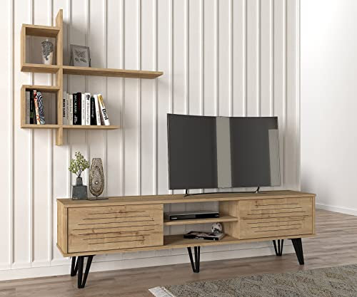 moebel17 9321 Fred Wohnwand Anbauwand TV Lowboard Wohnzimmerschrank, Eiche Schwarz, Holz, Hängeregal mit Schrank, viel Stauraum 180 x 51 x 35 cm