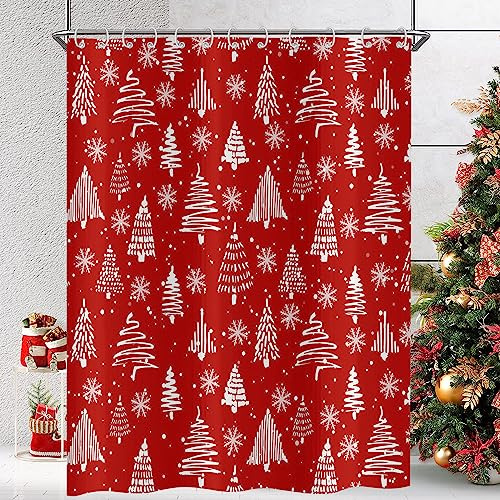 Hnmdmyi Cortina de Baño Navideña 180x180, Roja y Blanca Con Árbol, Copo de Nieve, Feliz Año Nuevo, Vacaciones - Tela Impermeable Lavable