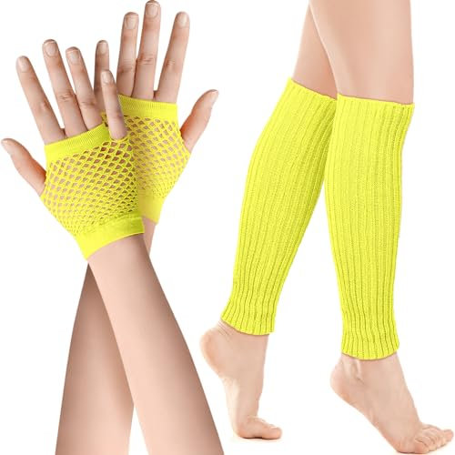 SATINIOR Neon Leg Warmers and Fishnet Gloves Set 80s Fancy Dress Costume Accessory Stretchy Leg Warmers Fishnet Gloves (Fluorescent Yellow)