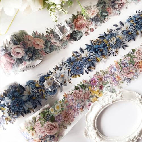 Washi Tape PET Stickers Set 3 Rotoli Fiori Adesivi Scrapbooking Accessori Carta per Decoupage Decorativo per Diario Album Bullet Journal Fai Da Te(Flora of the Four Seasons 2)